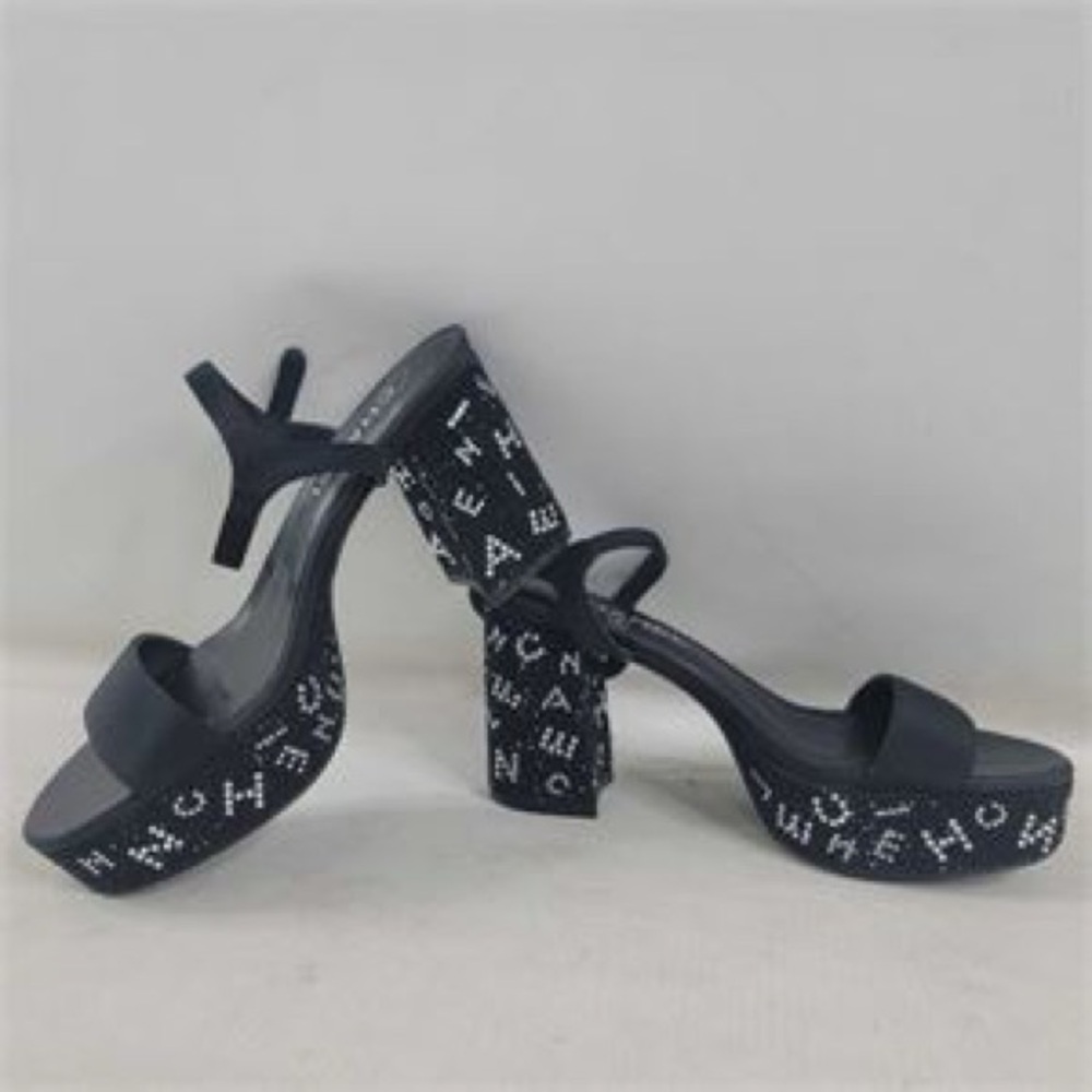 CHANEL Grosgrain Strass Logo Platform Sandals